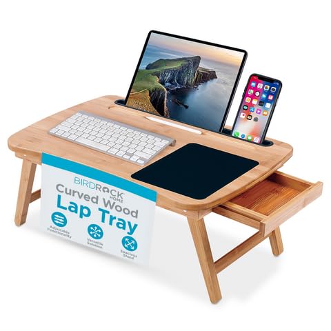 BIRDROCK HOME Curved Wood Lap Tray with Foldout Legs, Storage Drawer, Mouse Pad, Fits Laptops Up to 17", Tablet and Phone Slot, Laptop Table for Sitting or Standing, Work from Home - Natural - color: Natural