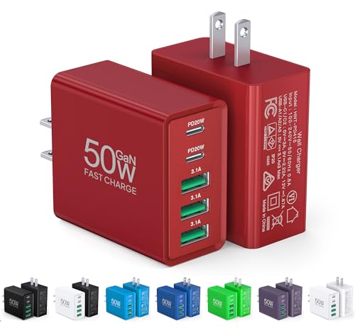 USB C Wall Charger Block, 2Pack 50W USB C Charger 5-Port PD Fast Charging Blocks,QC 3.0 USB A Multiport Plug,Type C Power Adapter Brick Cube for iPhone 17/16/15/14/13/Pro,Samsung,for Switch/Pixel（Red） - color: Red