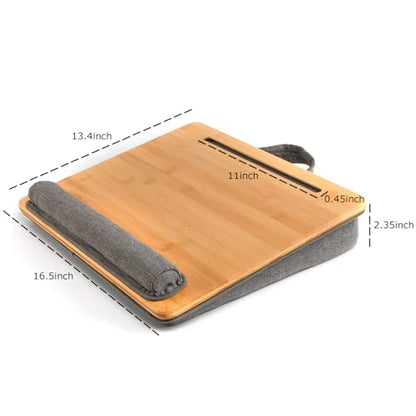 Bamboo Lap Desk for Laptop with Cushion Tablet Phone Holder Handle | Laptop Stand with Anti-Slip Strip Fits up to 15.6 inch Portable Computer Lap Desk for Couch, Bed & Car - size: 16.5"x13.4" Fixed
