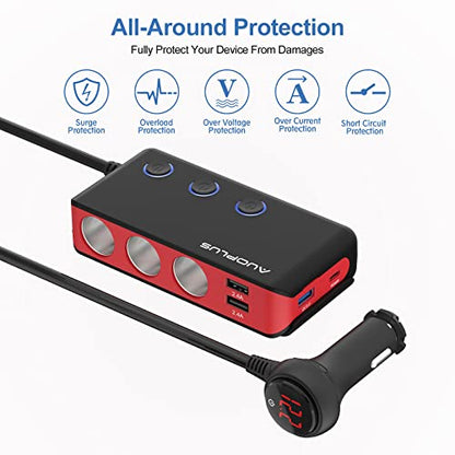 Car Cigarette Lighter Adapter, USB C Charger 30W and Quick Charge 3.0 Car Cigarette Lighter Splitter, 12V/24V Independent Switches, Fast Car USB Charger for All Car Devices, iPhone 14/13/12 pro | Car Cigarette Splitter 12V/24V Independent Switches, Fast C