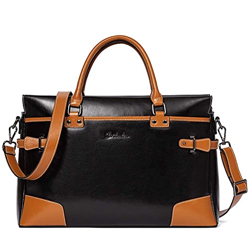 BOSTANTEN Briefcase for Women Leather Laptop Bag 15.6 inch Computer Messenger Office Business Work Tote - color: Black