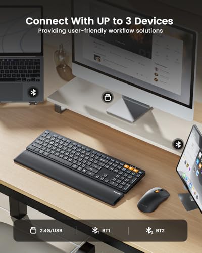 ProtoArc KM60 Wireless Ergonomic Keyboard Mouse Combo, Black | Full-size Keyboard with Wrist Rest, 63G Mouse, 3-Device Switching (Dual Bluetooth+2.4G), Type-C Charging, Quiet Keys