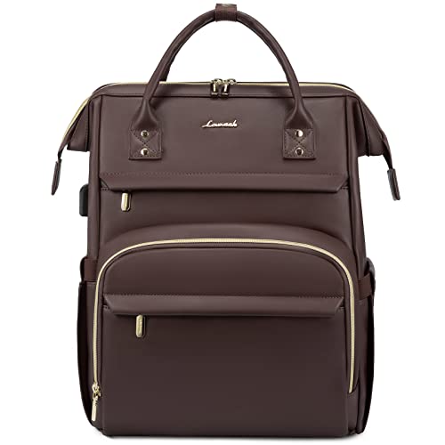 LOVEVOOK Leather Laptop Backpack for Women 17 inch, Travel Backpack Purse Nurse Teacher Computer Laptop Bag, Professional College Business Work Bags Carry On with USB Port, Coffee - color: Coffee, size: 17 Inch