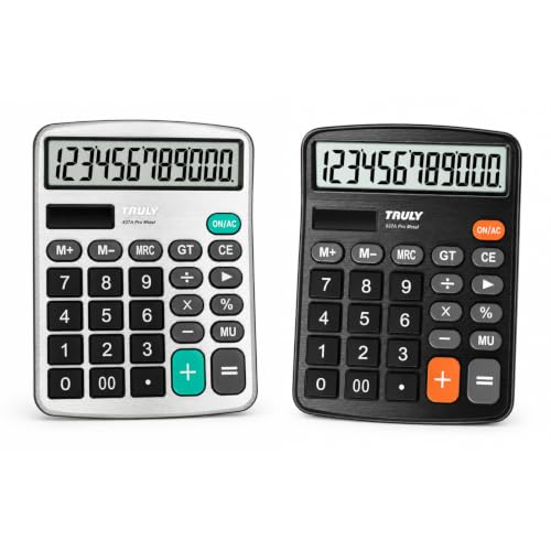 TRULY 12-Digit Desktop Calculator with Large Display, Big Buttons, Dual Power (Solar + Battery), Metal Finish, Ideal for Office, Home, School – 837A Pro Metal 2 Pack Black/Silver - color: Black & Silver