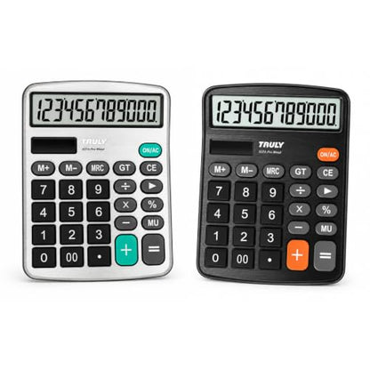 TRULY 12-Digit Desktop Calculator with Large Display, Big Buttons, Dual Power (Solar + Battery), Metal Finish, Ideal for Office, Home, School – 837A Pro Metal 2 Pack Black/Silver - color: Black & Silver