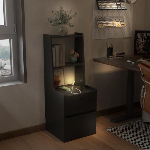 Modern Smart Nightstand with Night Light & Charging Station, Night Stand with Bookshelf, Lockable Bedside Cabinet Tables with 2 Storage Drawers for Bedroom Home Office - color: Black