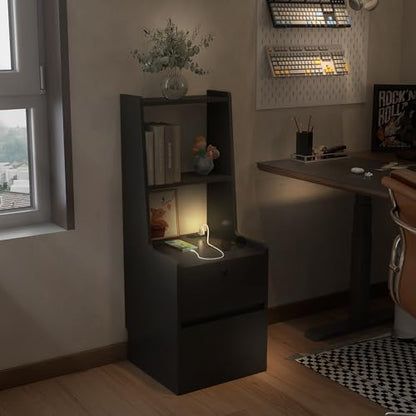 Modern Smart Nightstand with Night Light & Charging Station, Night Stand with Bookshelf, Lockable Bedside Cabinet Tables with 2 Storage Drawers for Bedroom Home Office - color: Black