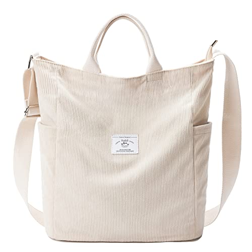 KALIDI Corduroy Tote Bag, Large Messenger Bag Shoulder Hobo Anti Splash Crossbody Zipper Bag Casual Work Shopping Women - color: Beige