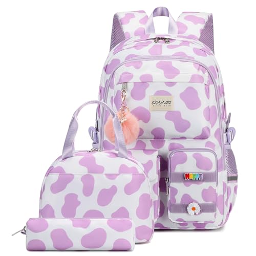 abshoo School Backpack for Girls Bookbag with Lunch Bag Teen Girls School Bag Travel Daypack (Cow Print Purple) - color: Cow Print Purple