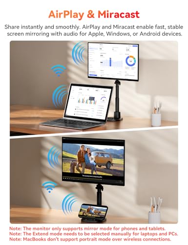 Wireless Portable Monitor Battery-Powered, Support AirPlay Miracast, 15.6" 1080P Monitor USB-C HDMI External Display w/Stand Bag, 2nd Screen for Laptop MacBook PC Phone Tablet, Built-in Battery(4- 5H) - size: 15.6-inch