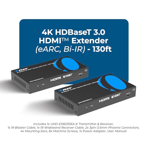 OREI 4K eARC HDMI Extender Balun HDBaseT 3.0 UltraHD 4K @ 60Hz 4:4:4 Over Single CAT6/7 Cable with LAN, CEC, ARC & Bi Directional IR Support, RS-232 Up to 130 Ft Audio Out - PoC - size: 4K w/ eARC