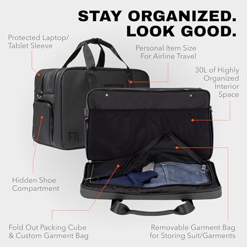 The FTL Pro Mens Travel Bag - 30L Premium Work to Gym Weekender Duffel with Garment Bag, Shoe Space & 18" Laptop Sleeve - Organized Athletic Business Carry On Hybrid, Fits Under Airplane Seat - Black - color: Kenmare Black, style: Pro