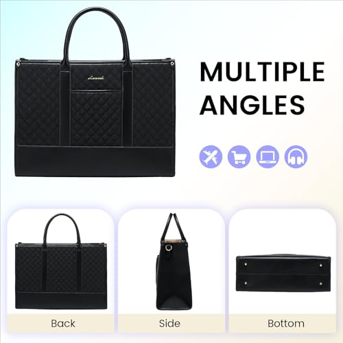 LOVEVOOK Laptop Bags for Women, 15.6 inch Waterproof Work Tote Bag with Clutch, Professional Teacher Computer Purse Lightweight Shoulder Bag Travel, Quilted Black | Canvas Quilted Computer Purse with Shoulder Strap&Clutch, Professional Teacher Handbag Off