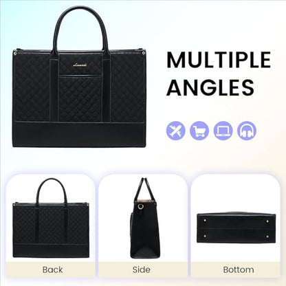LOVEVOOK Laptop Bags for Women, 15.6 inch Waterproof Work Tote Bag with Clutch, Professional Teacher Computer Purse Lightweight Shoulder Bag Travel, Quilted Black | Canvas Quilted Computer Purse with Shoulder Strap&Clutch, Professional Teacher Handbag Off