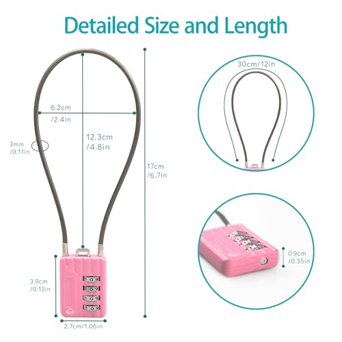 4 Digit Cable Combination Locks 12 inches Cable for School Gym Locker,Helmet,Filing Cabinets,Toolbox,Luggage Suitcase,knapsack,Cable 3mm Diameter,Pink - size: 30cm(12in)Cable Pink