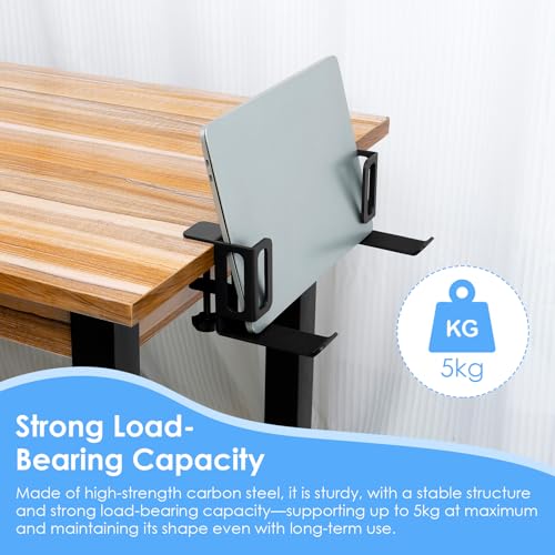 Desk Side Laptop Holder, Vertical Desk Side Storage Laptop Holder, Adjustable Laptops Mount with Headphone Hooks, No Drill Clamp for Laptops,Tablets,Keyboards,Backpack (Black)