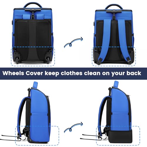 Rolling Backpack Waterproof Commuter Backpack with Wheels for Business, Laptop Compartment for 15.6-Inch Laptop, Wheeled Carry-On Bag for Adults - color: Blue