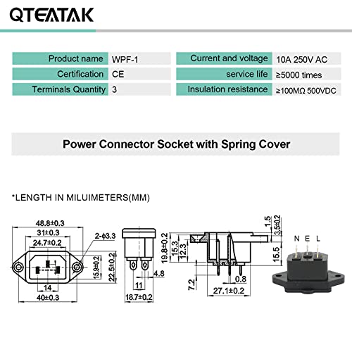 2 Pcs IEC 320 C14 Panel Mount Plug Adapter | AC 250V 10A Power Connector Socket with Spring Cover