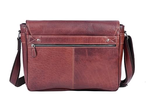 16" Crossbody Bag Leather Laptop Messenger Bag For Men with trolley sleeve for school office (Dark Brown) - color: Dark Brown