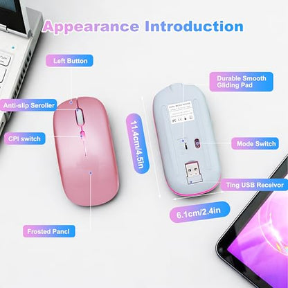 Wireless Bluetooth Mouse Rechargeable Long Lasting Dual Mode - BT 5.2 & 2.4G Silent RGB LED Mice, Slim Portable Ergonomic Mouse for Laptop/PC/Tablet/MacBook/iPad/Apple Devices(Rose Gold) - color: Rose Gold