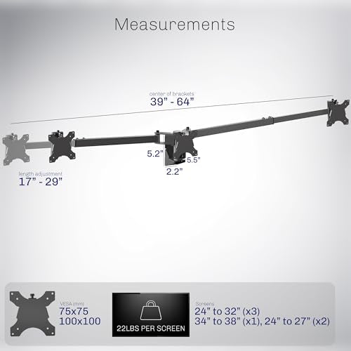 VIVO Premium Triple Monitor Wall Mount for 3 Screens up to 22 lbs, Fits up to 38 inch Ultrawides on Center Bracket, Adjustable Telescoping Arms, Flush Wall Setup, Black, MOUNT-TS03C - size: up to 38", style: Triple mount