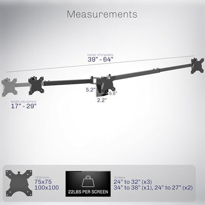 VIVO Premium Triple Monitor Wall Mount for 3 Screens up to 22 lbs, Fits up to 38 inch Ultrawides on Center Bracket, Adjustable Telescoping Arms, Flush Wall Setup, Black, MOUNT-TS03C - size: up to 38", style: Triple mount