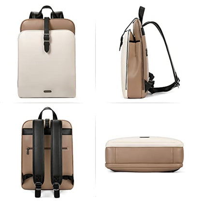 CLUCI Leather Backpack for Women, 15.6 inch Laptop Bag, Large Genuine Work Backpack Travel Back - color: 0-0 A-beige With Apricot and Black（pu Leather)