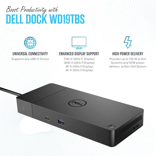 Dell WD19TBS Thunderbolt Dock, USB-C Docking Station Dual Monitor | 180W Adap ter Included, HDMI & DisplayPort Cables, Triple 4K Display Support, 130W Power Delivery, 40Gbps Transfer Speed