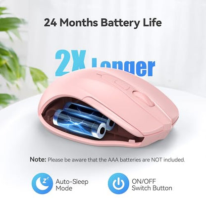 TECKNET Wireless Mouse, 2.4G Ergonomic Computer Mouse, 2600 DPI, Pink | Ergonomic Design with Side Grips, Adjustable DPI, 2-Year Battery, Compact Size, USB-A Plug & Play, Wide OS Compatibility - color: Pink