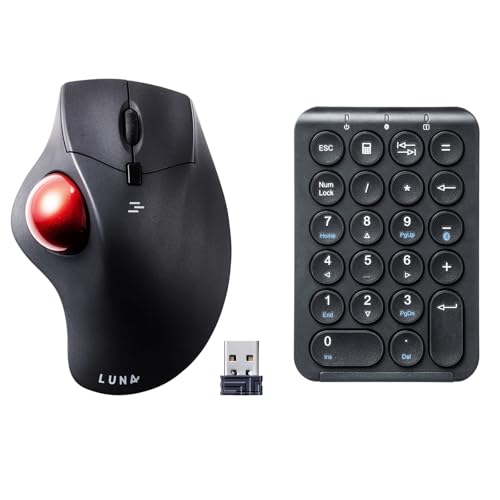 SANWA TB40 Wireless Trackball + Bluetooth Numeric Keypad Set, Programmable Silent Buttons Roller Mice, Rechargeable Ten Key Number Pad Portable, Compatible with Mac, Laptop, Windows, Black