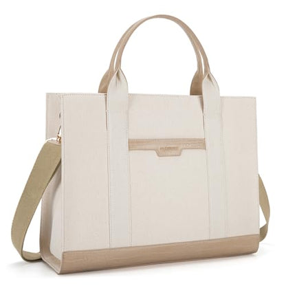 Missnine Tote Bag Canvas Laptop Bag 15.6 inch Briefcase for Women Large Capacity Handbag for Office, College, Travel (Croc-embossed Light Khaki) - color: Classic Light Khaki