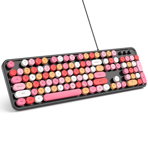 MOWUX Computer Keyboard Wired, Plug and Play USB Retro Round Typewriter Keyboard, Full Size Wired Keyboard with Foldable Stands for Laptop and Office PC- Black Colorful - color: Black Colorful