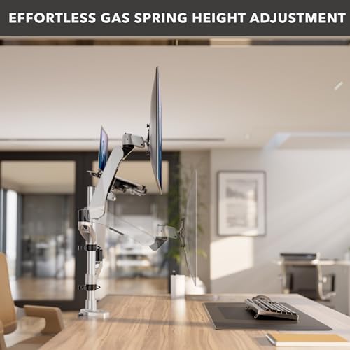 Mount-It! CLiX Monitor & Laptop Desk Mount w/Cooling Fan, Silver | TAA-compliant gas spring arm fits 13-32" monitor + 17" laptop, VESA 75x75/100x100, full motion aluminum, dual-screen ready.