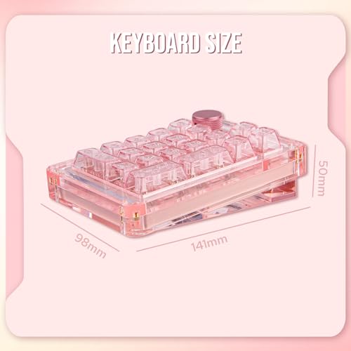 KiiBoom Phantom 21 Hot Swappable Crystal Acrylic Numpad, BT5.0/2.4GHz/USB-C Triple Mode NKRO Programmable Numeric Keypad with Knob, South-Facing RGB, 1900mAh Battery for Win/Mac (Pink)