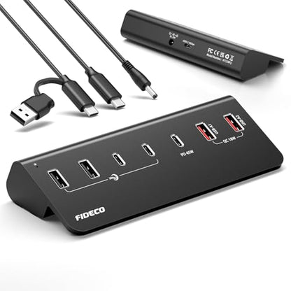 FIDECO 7-Port 72W Powered USB Hub, USB C Hub with 1 PD 45W, 2 QC 3.0 Charging Ports, and 4 USB 3.2 Ports (2 USB-A + 2 USB-C), Aluminum 10Gbps USB Hub for Laptop, PC, MacBook, iPhone 17/16/15, Black