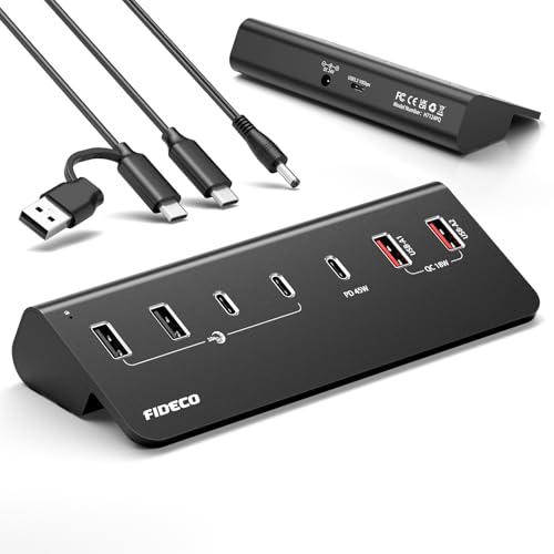 FIDECO 7-Port 72W Powered USB Hub, USB C Hub with 1 PD 45W, 2 QC 3.0 Charging Ports, and 4 USB 3.2 Ports (2 USB-A + 2 USB-C), Aluminum 10Gbps USB Hub for Laptop, PC, MacBook, iPhone 17/16/15, Black