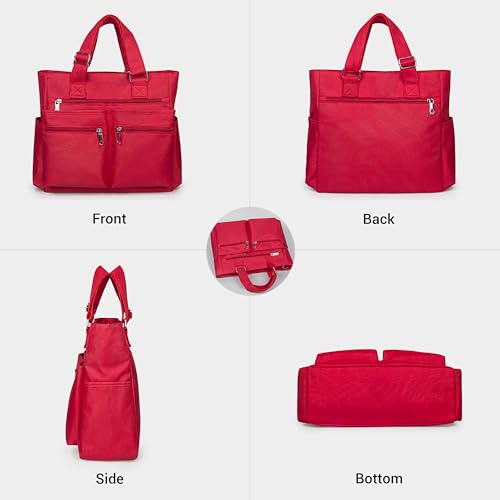 VOLGANIK ROCK Canvas Tote Bag Waterproof Nylon Multi Pocket Shoulder Bags Laptop Work Bag Teacher Purse Handbag for Women Men - color: Red