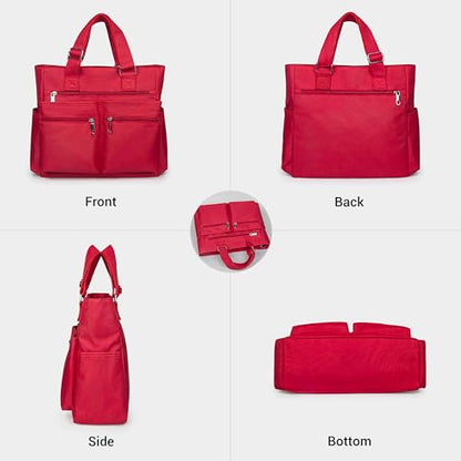 VOLGANIK ROCK Canvas Tote Bag Waterproof Nylon Multi Pocket Shoulder Bags Laptop Work Bag Teacher Purse Handbag for Women Men - color: Red