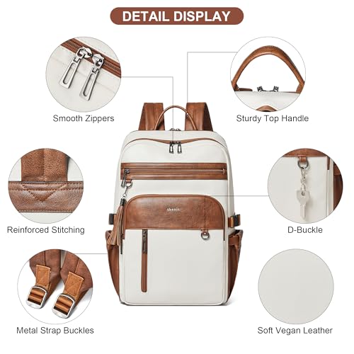 Shrrie Vegan Leather Laptop Backpack for Women,17 Inch Computer Backpack Purse for Work Business College Travel Teacher Nurse with Anti-theft Pocket & Giant Tumbler Holder Pocket,Beige with Brown - color: Beige With Brown