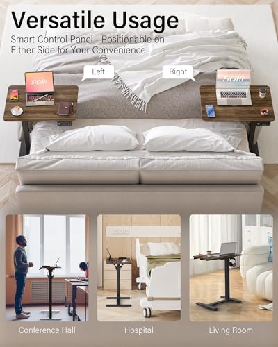 FiCiHi Electric Overbed Table, Adjustable Height Bedside Desk with Hidden Wheels, Rolling Sit-Stand Laptop Table for Bed, Couch, Sofa, Home Office & Hospital Use, (24" x 16", Walnut) - color: Walnut, size: 24 x 16"