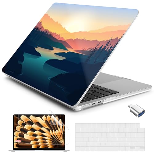 Batianda AstroGrid Case for MacBook Air 13.6" M2-M5 Chip, Dawn River | 4-in-1 Set with Pastel River Valley Design, Lightweight Slim Hard Shell Protection For Students, Travelers and Nature Lovers - color: Dawn