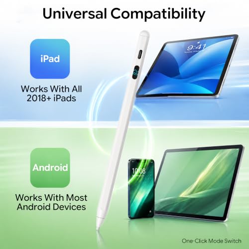 LED Battery Display Stylus Pen, Dual Modes Fast Charge Universal Active Digital Pencil for iPad iPhone Samsung Android, <2ms Low Latency, Tilt Sensitivity for Drawing Note Taking, No Bluetooth Stylus - color: White