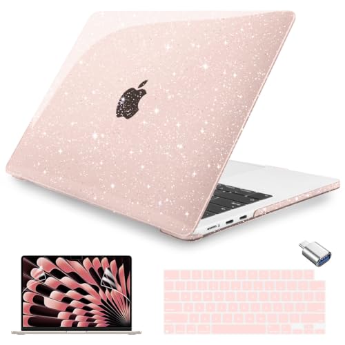 Teryeefi for MacBook Air 15 inch Case M4 M3 M2 Chip 2025 2024 2023 Release A3241 A3114 A2941 Model with Keyboard Cover + Type C Adapter for 15 inch MacBook Air Sparkly Case, Glitter Cheey Pink - color: Glitter Cherry Pink