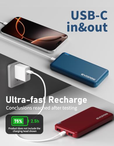 2-Pack Portable Charger, 10000mAh Power Bank, Battery Pack, Battery Bank | Slimmer, Fast Charging, USB C in&Out, for iPhone Tablet Samsung Pixel Headphones etc (Blue&red) - color: Blue&Red