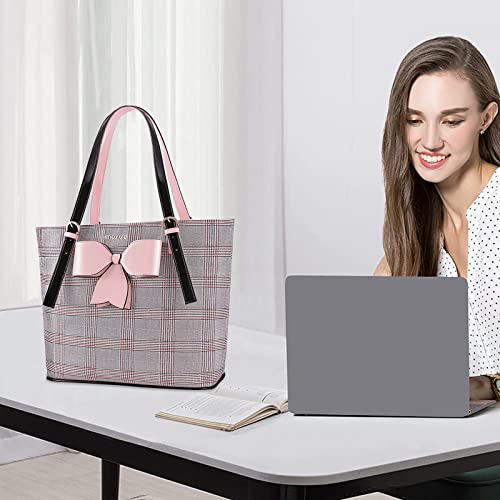 MOSISO Laptop Tote Bag for Women, 15-16 inch Large Tote Bag Compatible with MacBook Air 15 inch/Pro 16 inch, HP Dell Acer Asus, PU Leather Large Capacity Work Tote Bags with Bowknot Grid MO-GID001GYPK