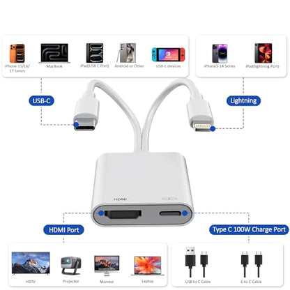 USB-C and Lightning to HDMI Adapter for iPhone to TV, 4K@60Hz MFi Certified Lightning to Digital AV Adapter with 100W Charging Port for iPhone 17/16/15/iPad/MacBook to TV/Monitor/Projector