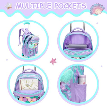 Meetbelify Mermaid Rolling Backpack for Kids - Cute Carry On with Wheels, Lunch Box & Pencil Case - Elementary Student to Teen Girls Luggage - Travel Suitcase - color: A Mermaid