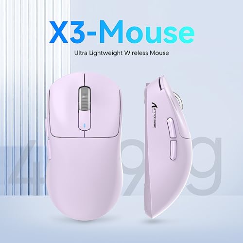 ATTACK SHARK X3 49g Ultra-Lightweight Wireless Gaming Mouse, Purple | Bluetooth 5.2/2.4G Wireless/Wired, PAW3395 Gaming Sensor, 26K DPI, 200h Battery Life, Programmable Buttons for PC/Mac/Win - color: Lavender