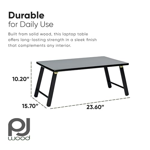 PJ Wood Folding Laptop Desk Tray - Portable Lap Desk - 24 in | Solid Wood Frame, 23.6 x 15.4 x 10.2 in, No Assembly Required, 4 lb Weight, Flat Fold Storage, Black Finish - color: Black