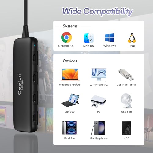 Qeefun USB C Hub 10Gbps, 4 Ports USB-C 3.2 Data Splitter, USB 3.2 Gen 2 Adapter with 100W Power Charging Port, USBC Extender for iPad Pro, iPhone 15, MacBook Air/Pro M2 M1, PC, Laptops and More - style: C to 4C+PD